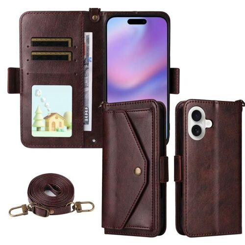 Coque pour iPhone 17, Étui en Cuir de Vachette avec Multi-Poches pour Cartes et Bandoulière - Brun