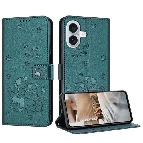 Coque pour iPhone 17, Étui en Cuir Embossé avec Lanière - Motif Chaton, Protection Élégante et Pratique - Vert foncé