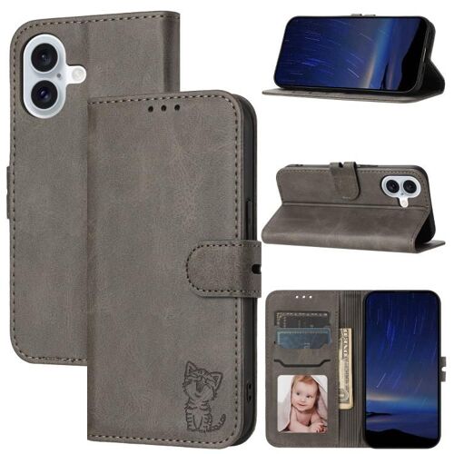 Coque pour iPhone 17, Étui en Cuir Synthétique avec Motif Chat Heureux en Relief - Gris