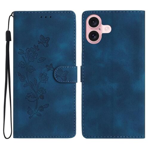 Coque pour iPhone 17, Motif Fleur Papillon Embossé en Cuir - Protection Élégante et Durable - Bleu