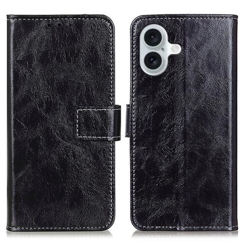 Coque pour iPhone 17, Étui en Cuir Synthétique Texture Crazy Horse Rétro, Flip Horizontal - Noir