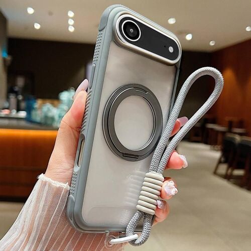 Coque Pour Iphone Air, Support Rotatif Transparent À Bord Uni Avec Magsafe Et Sangle De Poignet - Gris