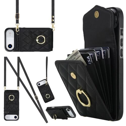 Coque pour iPhone Air, Étui en Texture Rhombique avec Sac pour Cartes et Long Lanière - Pratique et Élégant - Noir