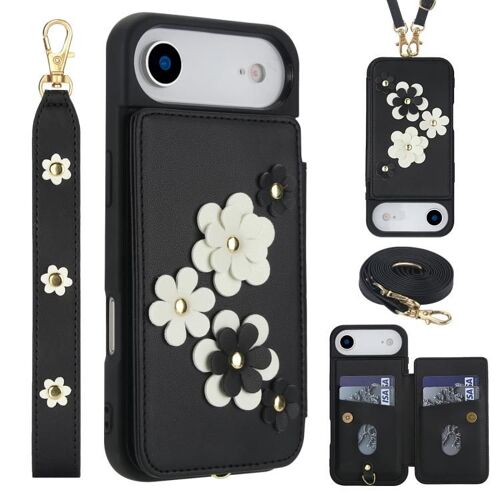 Coque pour iPhone Air, Étui Croisé en Cuir avec Motif Floral - Protection Élégante et Durable - Noir