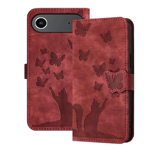 Coque pour iPhone Air, Étui en Cuir Synthétique avec Embossage Papillon et Chat - Flip, Protection Complète Antichoc et Anti-Rayures - Rouge