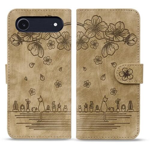 Coque pour iPhone Air, Protection en Cuir Embossé avec Motif Chat Sakura - Cartoon, Design Original - Brun
