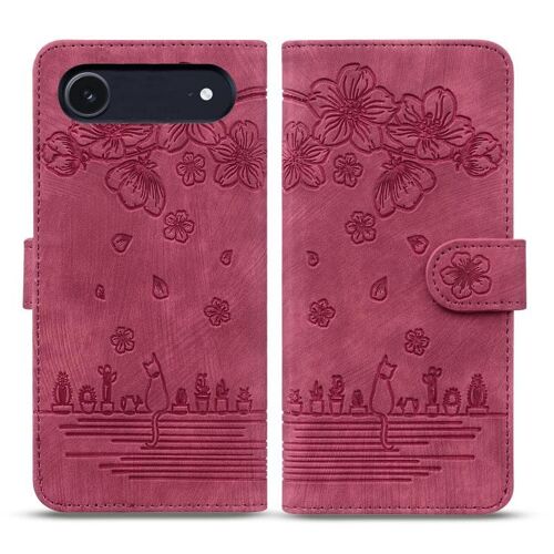 Coque pour iPhone Air, Protection en Cuir Embossé avec Motif Chat Sakura - Cartoon, Design Original - Vin rouge