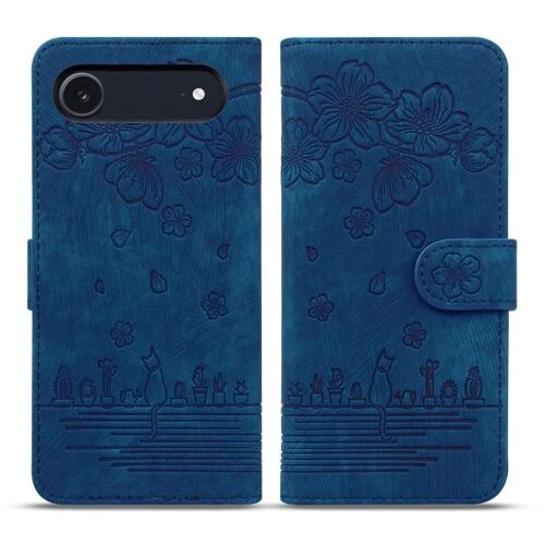 Coque pour iPhone Air, Protection en Cuir Embossé avec Motif Chat Sakura - Cartoon, Design Original - Bleu royal