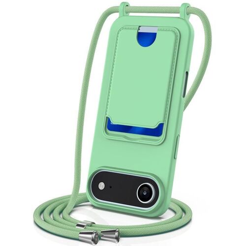 Coque pour iPhone Air, Étui Intégré avec Poche pour Cartes en Silicone Liquide Couleur Unie - Avec Lanière - Vert