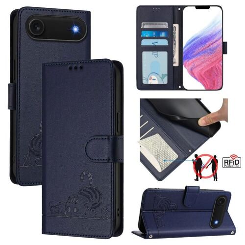Coque pour iPhone Air, Étui en Cuir RFID avec Motif Embossé de Chat et Rat, Protection Complète avec Lanière - Bleu