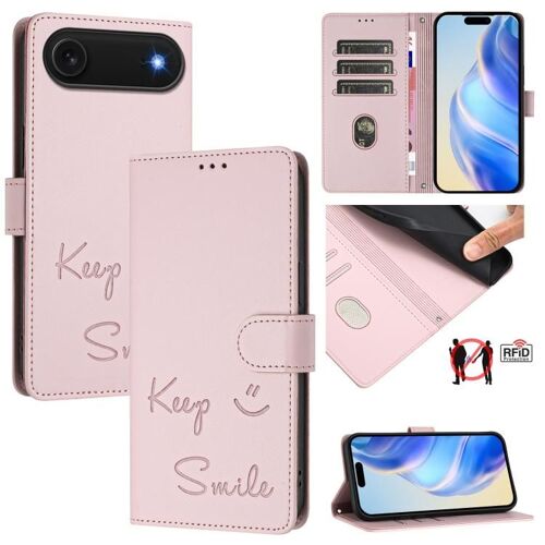 Coque pour iPhone Air, Protection RFID en Cuir avec Embossage Sourire - Rose