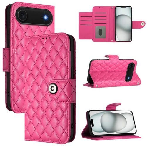Coque pour iPhone Air, Étui en Cuir Flip Texture Rhombique avec Lanière - Rose Rouge