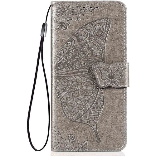 Coque Pour Xiaomi Redmi 10c Etui, Cuir Pu/Tpu Flip Cover Case, Papillon Carte Fentes/Stand Fonction. Gris