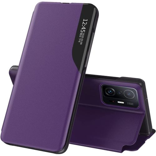 Robuste Housse Pour Telephone Xiaomi 11t/11t Pro Etui,Placage Fen¿ºtre Intelligente Hard Pc/Pu Coque Rugged Bumper Case Cover-Mauve
