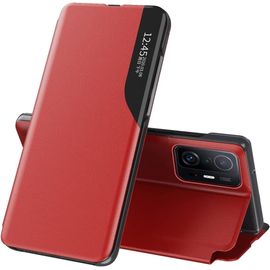 Robuste Housse Pour Telephone Xiaomi 11t/11t Pro Etui,Placage Fen¿ºtre Intelligente Hard Pc/Pu Coque Rugged Bumper Case Cover-Rouge