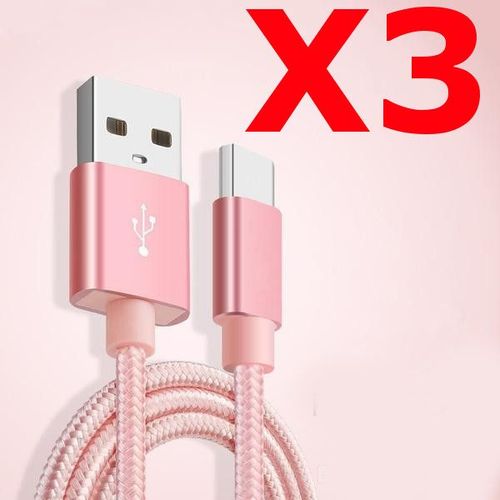 X3 Câble Metal Nylon Renforcé Chargeur Usb/Type C 1,5m Tréssé Couleur Rose Compatible Samsung Lg Sony Wiko Blackberry Motorola Asus Huawei Honor Archos Teeno X3 Little Boutik®