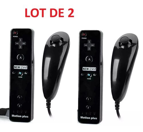 2 X Télécommande Wiimote plus (Motion plus inclus) et Nunchuck pour Nintendo Wii et Wii U - Noir
