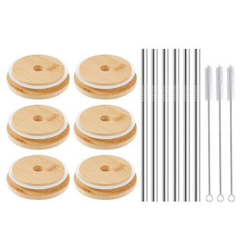 Couvercle De Pot De Maçon Avec Trou De Paille, 6 Pièces, Pour Pot De Maçon À Large Bouche, 6 Pailles En Acier Inoxydable