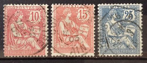 Mouchon Retouché (Cartouche Ecusson) 10c Rose (N° 124) + 15c Vermillon (N° 125) + 25c Bleu (N° 127) Obl - Cote 4,50 - France Année 1902 - N20061