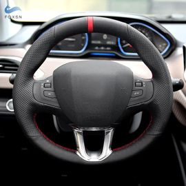 Couverture De Volant De Voiture Tressée À La Main, Cuir Perforé Noir Ligne Rouge Bande Rouge Pour Peugeot 208 / 2008 2014 2015 2016 2017