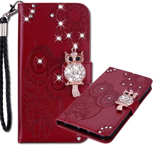 Coque Samsung S20 FE 5G, en Cuir Coque avec Dragonne Brillant Flip Housse Motif Hibou Glitter Bling Diamant Coque pour Samsung Galaxy S20 FE 2020. Owl Brown