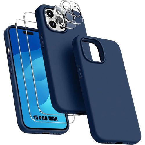 Coque Pour Iphone 15 Pro Max - Silicone Liquide Bleu Marine + 2 Verres Trempés Et 2 Protections Objectif Arrière - Booling