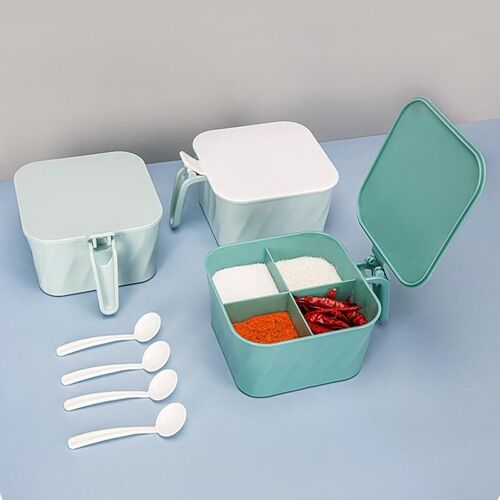 Boîte À Épices En Plastique Avec 4 Compartiments, Boîte D'assaisonnement Avec Cuillères Et Couvercle Pots À Épices Pour Herbes, Pots De Condiments, Conteneur De Stockage De Cuisine