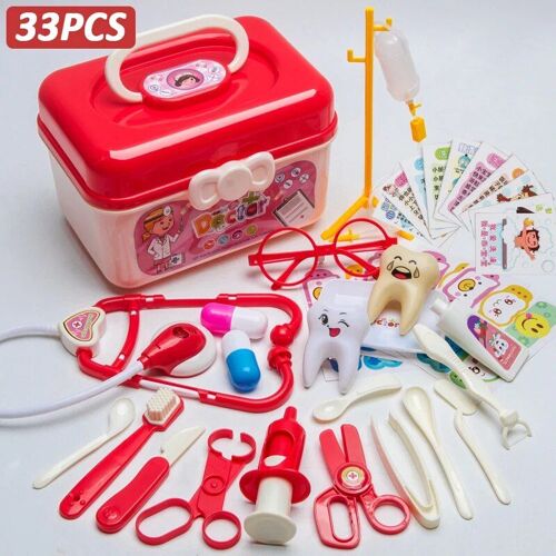33pcs Rouge - Kit De Médecin Pour Enfants, Jeu De Rôle Pour Filles, Accessoires Médicaux, Kit D'infirmière, Sac D'outils, Jouets Pour Enfants, Cadeau