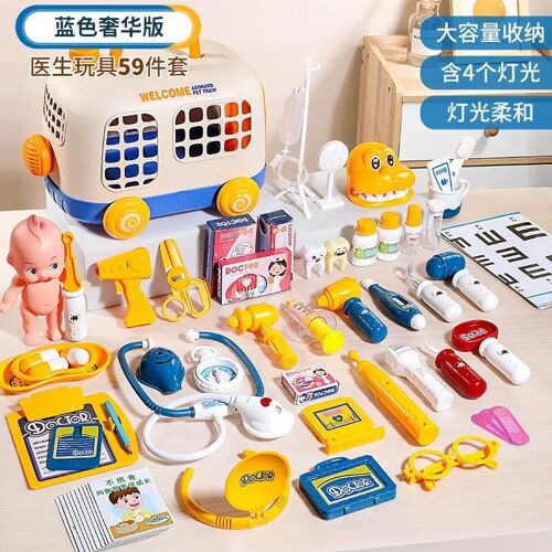 59pcs Bleu - Ensemble De Jouets De Petit Docteur Pour Enfants, Boîte Médicale De Jeu De Simulation, Maison De Jeu Pour Filles Et Garçons, Stéthoscope D'injection D'infirmière, Cadeaux De Jouet De Dents Pour Enfants
