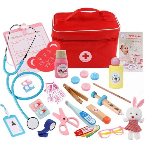 23pcs B - Doctor Toys For Kids Set Children Wooden Pretend Play Kit Games For Girls Boys Red Medical Dentist Medicine Box Cloth Bags