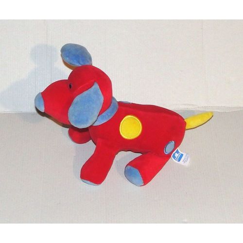 Doudou Chien Rouge Bleu Jaune Grelot Jemini - Peluche Chiot 21 Cm