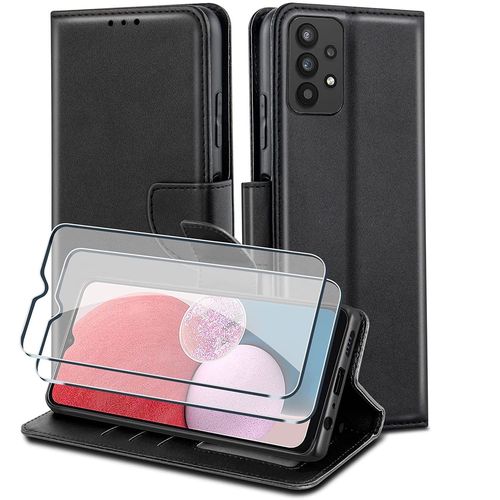Coque Galaxy A13 4g Simili Cuir Rabat Noir + 2 vitres verre trempé Porte Carte