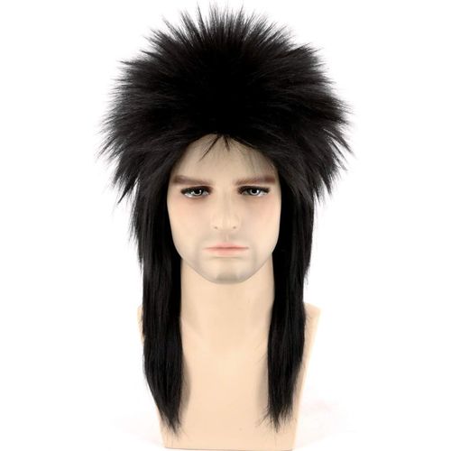 Tianyi-Perruque À Mulet Pour Homme Et Femme Style Rétro Des Années 80 Noir Cheveux Longs Perruque Punk Metal Rocker Perruque Pour Halloween Déguisement Fête