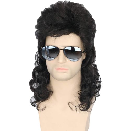 Tianyi-Perruque Mulet Homme Des Années 80, Noire Bouclée Perruque Nuque Longue, Proll Punk Popstar Perruque Pour Carnaval Halloween
