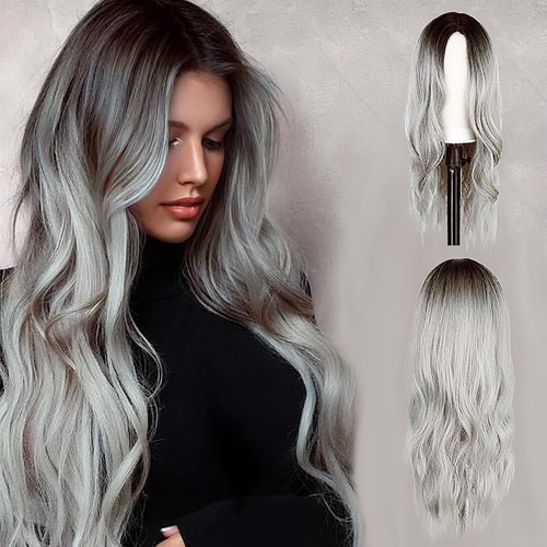 Tianyi-Perruque Halloween Femme, Perruques Naturelle, 75cm Gris Ombré Longue Bonnet Perruque Avec Filet À Cheveux Pour Deguisement Halloween Femme Cosplay Fête (Marron)