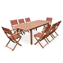 Salon De Jardin En Bois Extensible - Almeria - Table 180/240 Cm Avec Rallonge. 2 Fauteuils Et 6