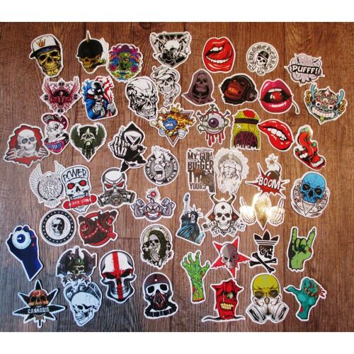 Lot De 50 Stickers Crane Tete De Mort Autocollant Fond Blanc Pirate Biker