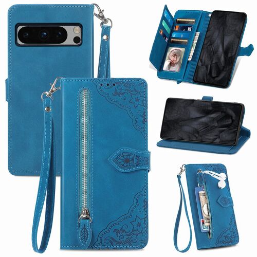 Saturcase Coque Pour Google Pixel 8 Pro, Fleur Gaufrage Pu Cuir Magnétique Flip Portefeuille Poche Fermeture Éclair Support Porte-Carte Cordon Protecteur Housse Étui Pour Google Pixel 8 Pro (Bleu)