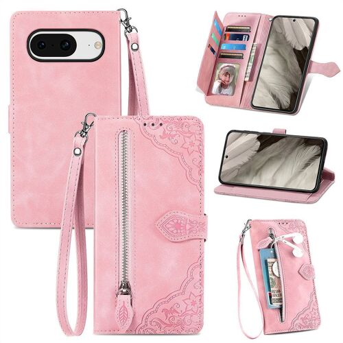 Saturcase Coque Pour Google Pixel 8, Fleur Gaufrage Pu Cuir Magnétique Flip Portefeuille Poche Fermeture Éclair Support Porte-Carte Cordon Protecteur Housse Étui Pour Google Pixel 8 (Rose)