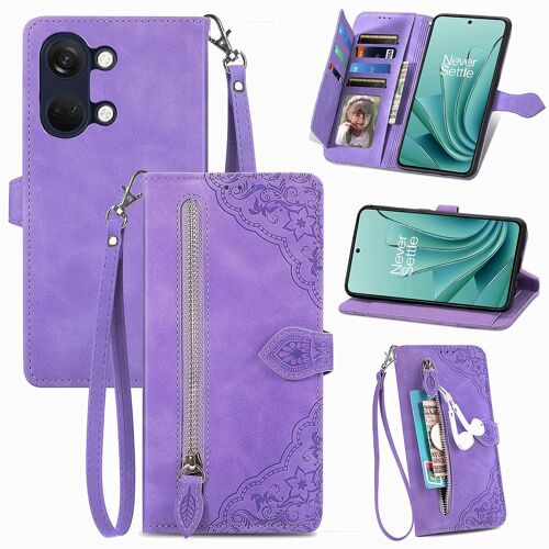 Saturcase Coque Pour Oneplus Ace 2v, Fleur Gaufrage Pu Cuir Magnétique Flip Portefeuille Poche Fermeture Éclair Support Porte-Carte Cordon Protecteur Housse Étui Pour Oneplus Ace 2v (Violet)