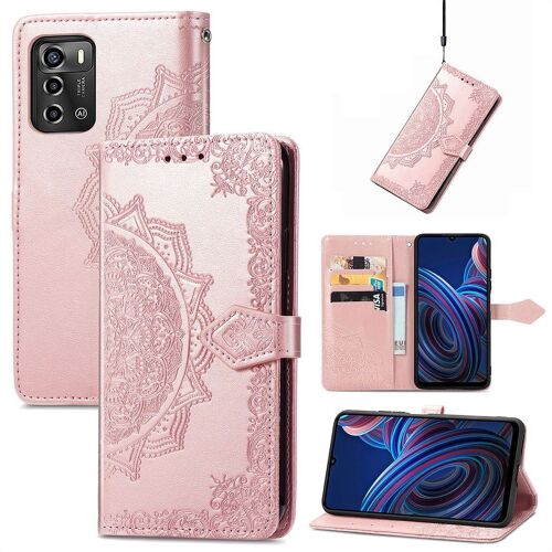 Saturcase Coque Pour Zte Blade A72 4g / V40 Vita, Mandala Gaufrage Pu Cuir Magnétique Flip Portefeuille Support Porte-Carte Protecteur Housse Étui Avec Dragonne Pour Zte Blade A72 4g / V40 Vita (Or Rose)