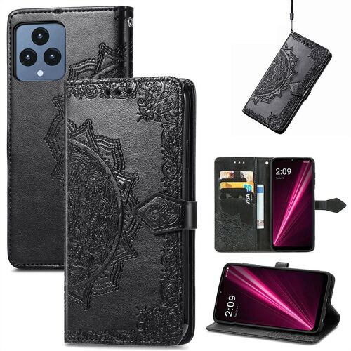 Saturcase Coque Pour T-Mobile Revvl 6 5g, Mandala Gaufrage Pu Cuir Magnétique Flip Portefeuille Support Porte-Carte Protecteur Housse Étui Avec Dragonne Pour T-Mobile Revvl 6 5g (Noir)