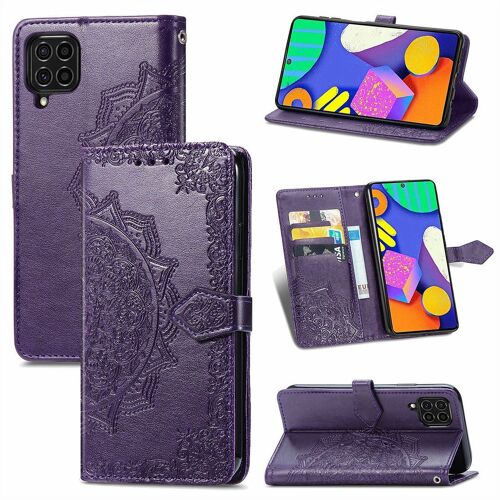Saturcase Coque Pour Samsung Galaxy F62, Mandala Gaufrage Pu Cuir Magnétique Flip Portefeuille Support Porte-Carte Protecteur Housse Étui Avec Dragonne Pour Samsung Galaxy F62 (Violet)