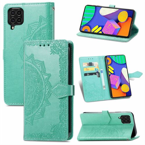 Saturcase Coque Pour Samsung Galaxy F62, Mandala Gaufrage Pu Cuir Magnétique Flip Portefeuille Support Porte-Carte Protecteur Housse Étui Avec Dragonne Pour Samsung Galaxy F62 (Vert)