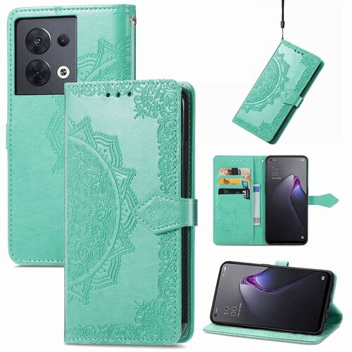 Saturcase Coque Pour Oppo Reno 8 5g, Mandala Gaufrage Pu Cuir Magnétique Flip Portefeuille Support Porte-Carte Protecteur Housse Étui Avec Dragonne Pour Oppo Reno 8 5g (Vert)