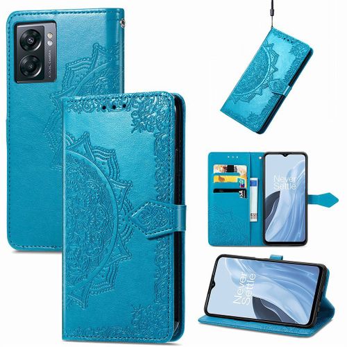 Saturcase Coque Pour Oneplus Nord N300, Mandala Gaufrage Pu Cuir Magnétique Flip Portefeuille Support Porte-Carte Protecteur Housse Étui Avec Dragonne Pour Oneplus Nord N300 (Bleu)