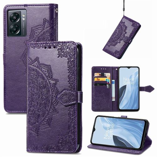 Saturcase Coque Pour Oneplus Nord N300, Mandala Gaufrage Pu Cuir Magnétique Flip Portefeuille Support Porte-Carte Protecteur Housse Étui Avec Dragonne Pour Oneplus Nord N300 (Violet)