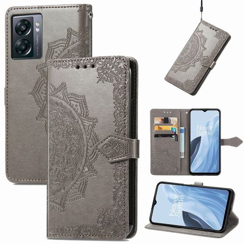 Saturcase Coque Pour Oneplus Nord N300, Mandala Gaufrage Pu Cuir Magnétique Flip Portefeuille Support Porte-Carte Protecteur Housse Étui Avec Dragonne Pour Oneplus Nord N300 (Gris)