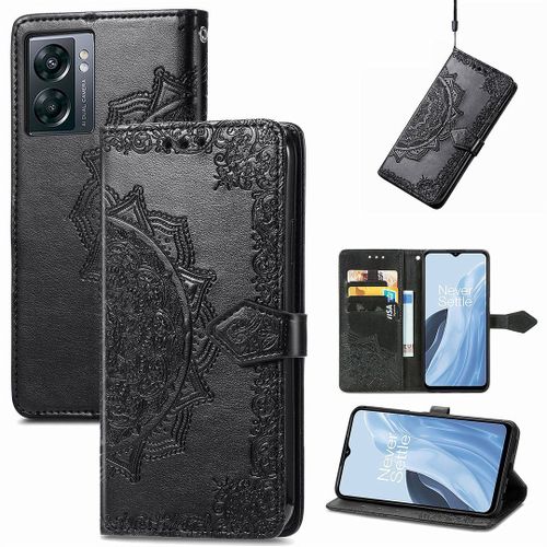 Saturcase Coque Pour Oneplus Nord N300, Mandala Gaufrage Pu Cuir Magnétique Flip Portefeuille Support Porte-Carte Protecteur Housse Étui Avec Dragonne Pour Oneplus Nord N300 (Noir)