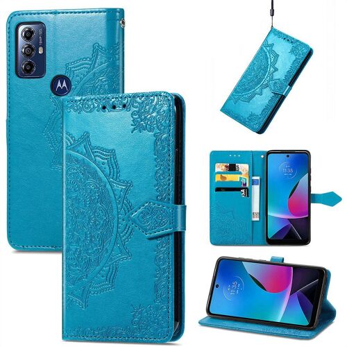 Saturcase Coque Pour Motorola Moto G Play 2023, Mandala Gaufrage Pu Cuir Magnétique Flip Portefeuille Support Porte-Carte Protecteur Housse Étui Avec Dragonne Pour Motorola Moto G Play 2023 (Bleu)